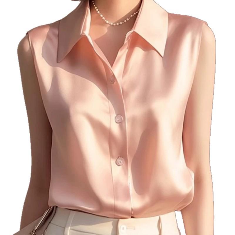 Damen Poloshirt im französischen Stil, weißer Satin, ärmellos - Vielseitige Sommer-Freizeitkleidung