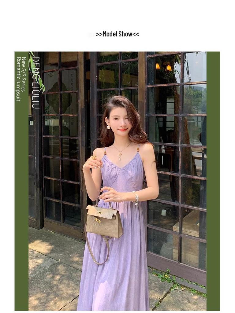 Dopamine Stunning Purple Spaghetti Strap Waist-Cinching Dress for Women's Summer Seaside Vacations