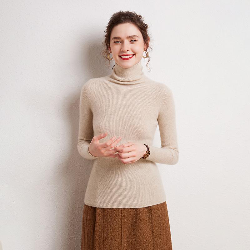Women's 100% Cashmere High Neck Slimming Pullover Sweater - Solid Color, Warm, Versatile Knit Base Layer