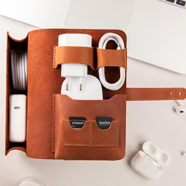 Cross-border Leather Cable Organizer: Portable Bag for Chargers, Earphones, and SD Cards