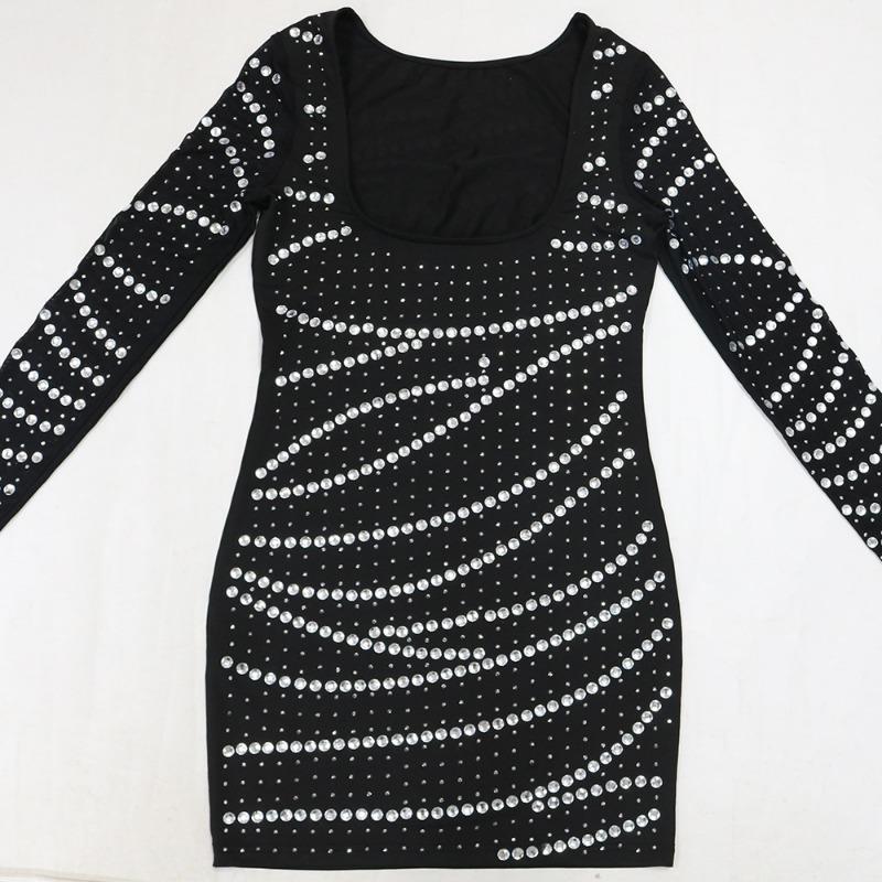 Women's Sexy Round Neck Long Sleeve Hot Drill Bag Hip Party Dress Fashion Halter Short Dress