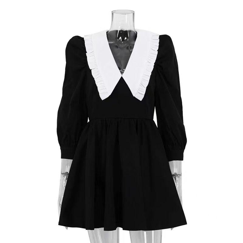 

French Black and White Contrast-Color Doll Collar Short Dress Color Blocking Doll Neck Dress Black S