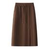 2024 Khaki Wool Midi Skirt for Women – Autumn/Winter, Elastic Waist, Straight Bodycon with Front Slit, Ankle Length