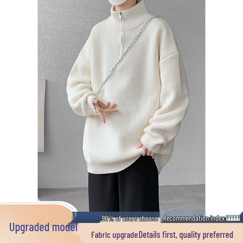 Men's Plus Size Casual Loose Knit Half-Zip High-Neck Pullover Sweater for Autumn and Winter