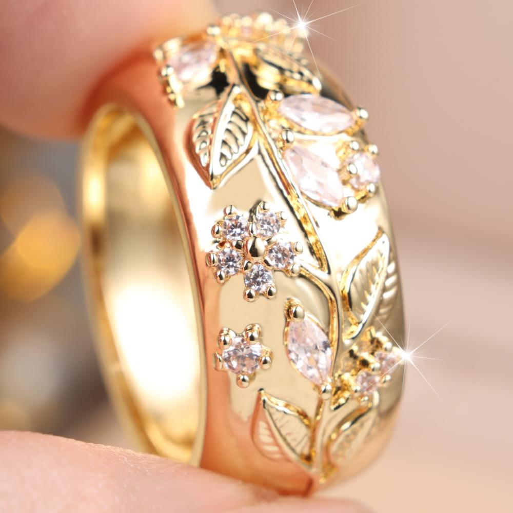Vintage Gold Color Floral Leaf Ring for Women Zircon Wedding Banquet Fashion Jewelry Gift