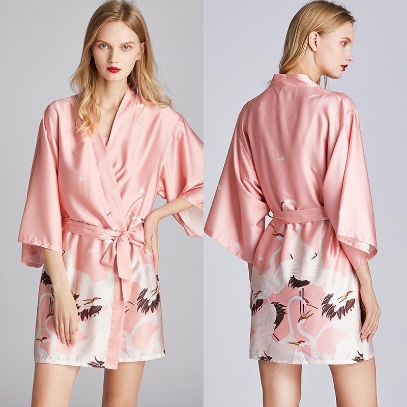 Women Robe Kimono Bathrobe Navy Blue Print Nightgown Sleepwear Silky Soft Satin Nightwear Sexy Short Nightdress Casual Homewear