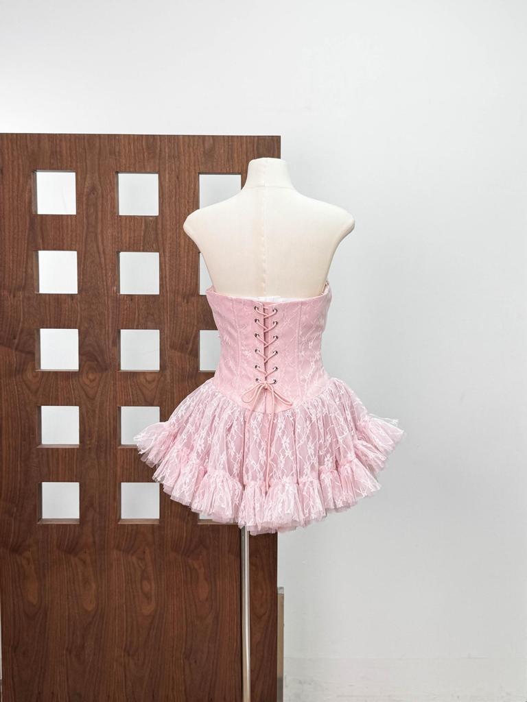 Vietnamese Sweet Bandeau Lace Bow Patchwork A-line Dress