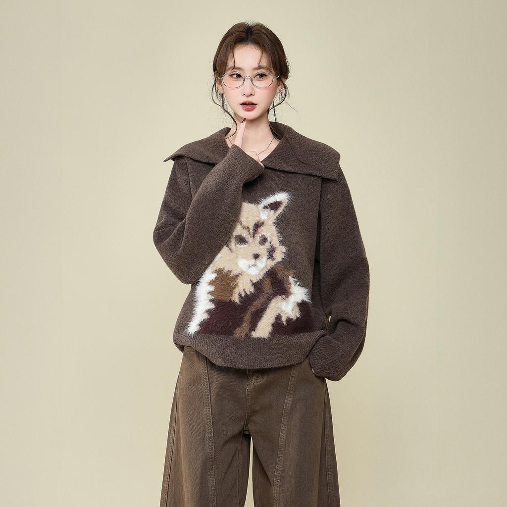 Brown Puppy Plush Lapel Long-sleeved Knitted Sweater Jacket Autumn and Winter Base with Thickened Thermal Top Women