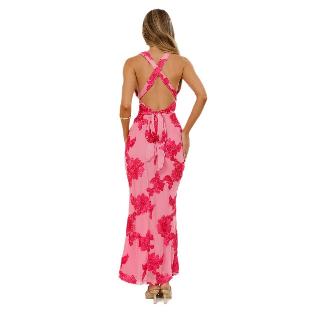 Autumn New European And American Fashion Digital Printing Deep V-Neck Backless Sexy Waist Neck Dress