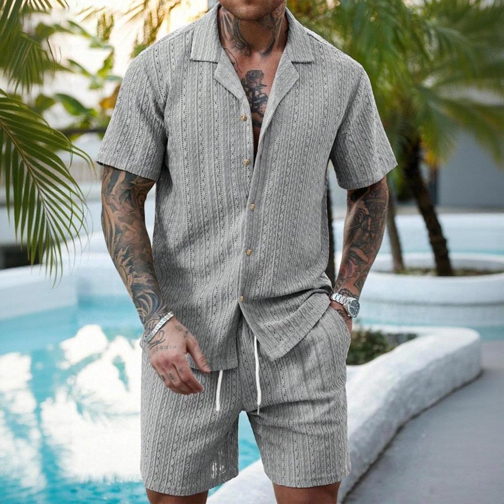 Conjunto Casual de Verão Masculino Duas Peças Camisa de Botão Manga Curta Shorts com Cordão Tecido Leve Respirável Caimento Relaxado
