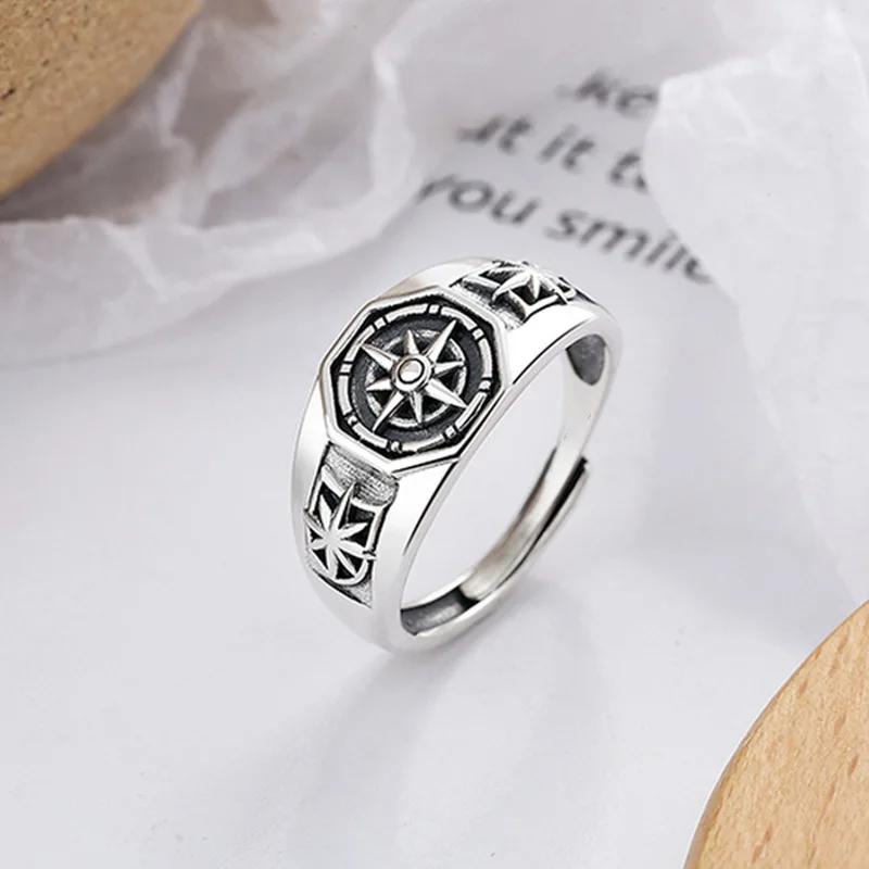Retro Poseidon Compass Ring Silver-Plated Adjustable Hexagram Opening Jewelry Gift for Men and Women Hip-Hop Trend