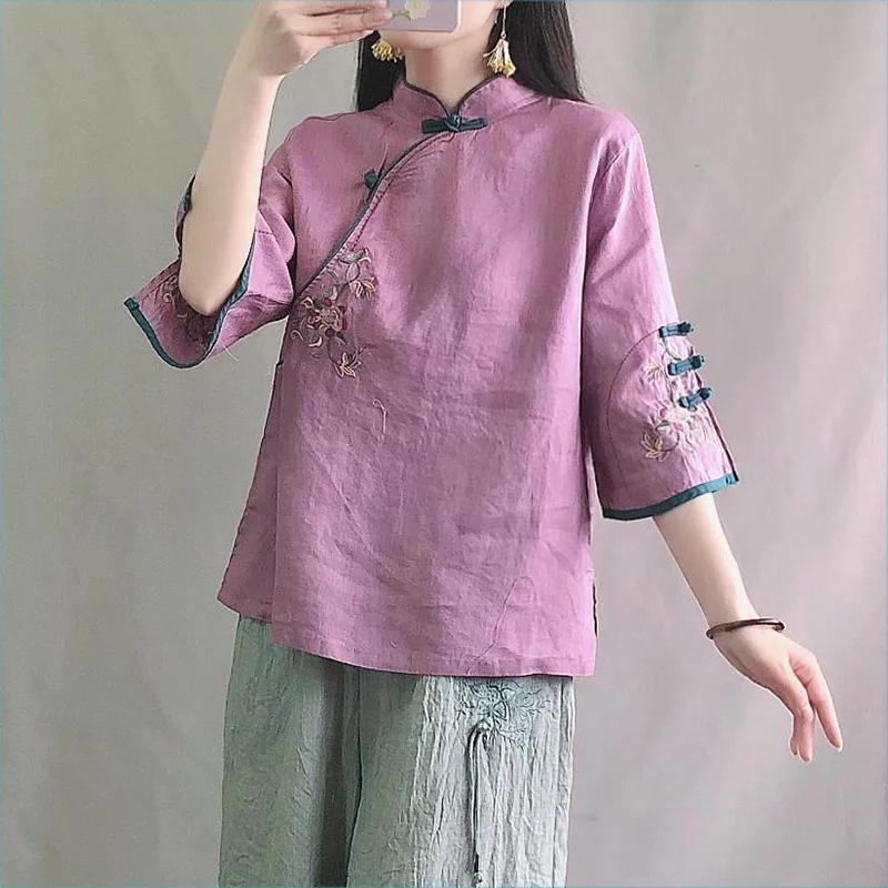 Spring Summer Retro Seven Quarter Ladies' Cotton Linen Shirt Blouse Chinese Traditional Women's Formal Top Ttang Costume Hanfu