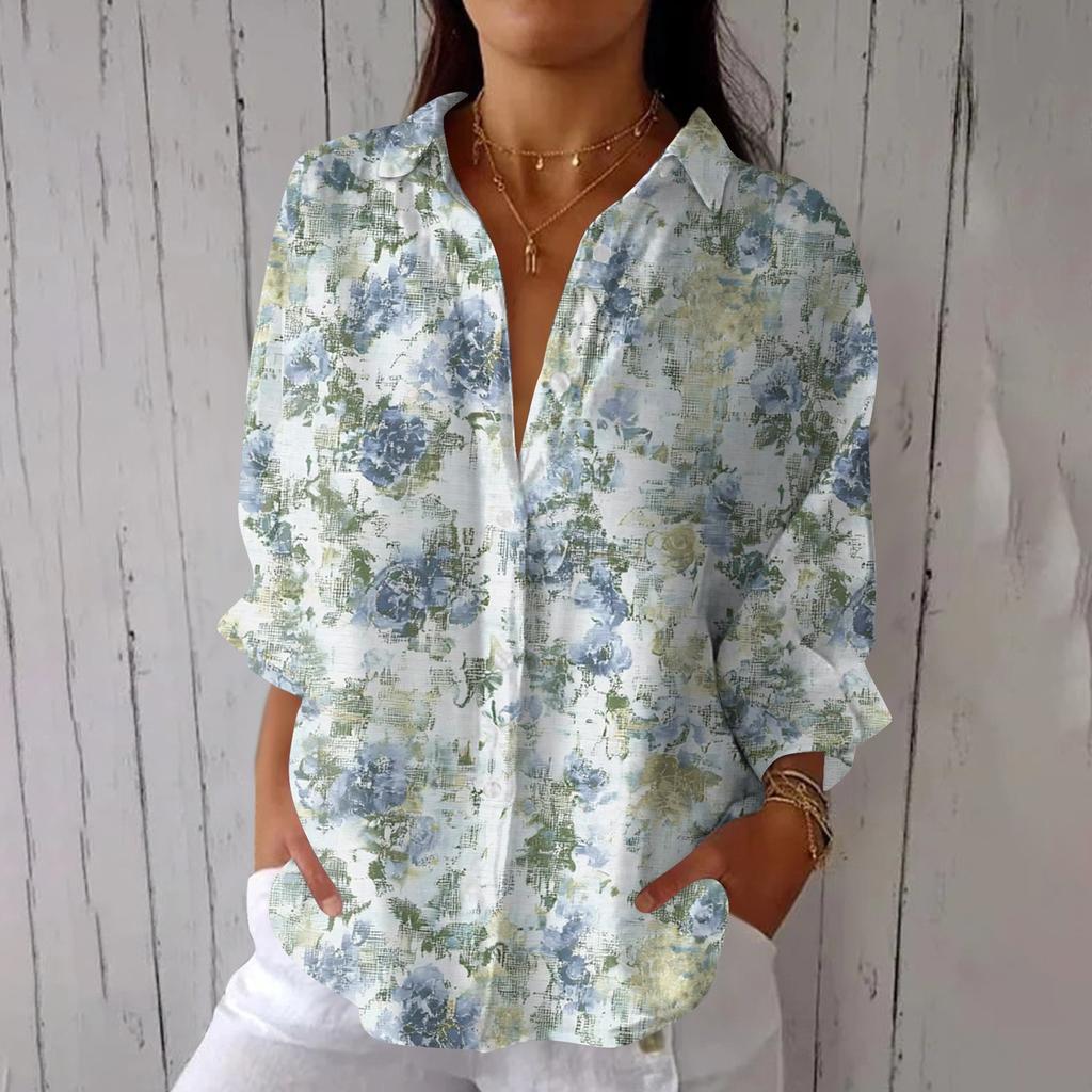 Mode Femme Chemise Décontractée à Revers à Sept Manches avec Lien au Dos T-shirt Imprimé Haut