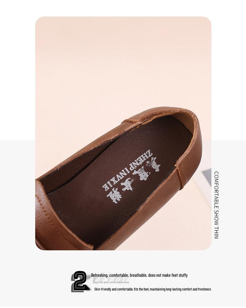 Women's Retro Low Heel Cowhide Shoes: Comfortable, Versatile, Non-Slip Soft Sole, Ideal for Commuting.