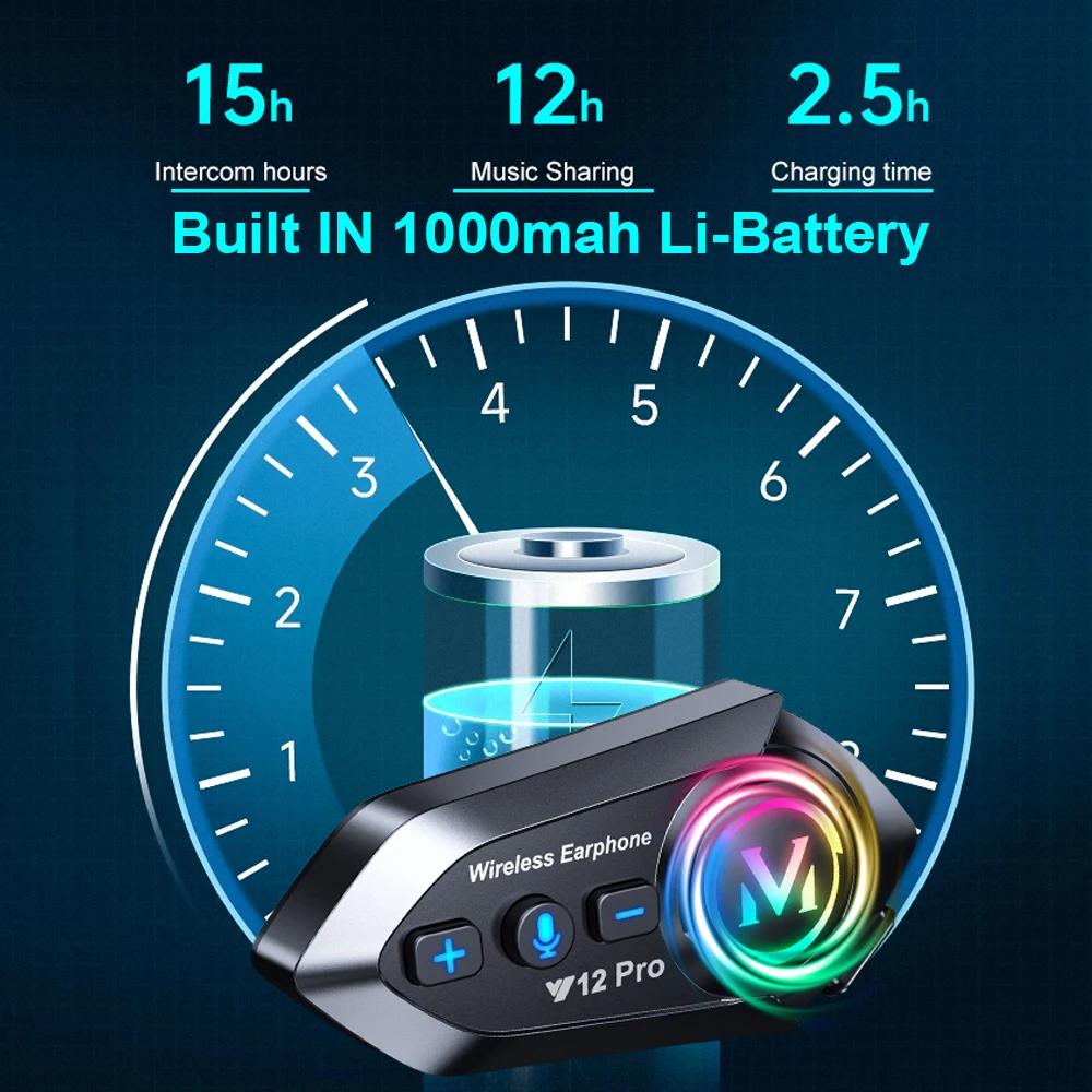 500M Full Duplex Motorcycle Helmet Intercom Headset Dual Core Bluetooth V5.4 Voice Assistant 1000mah Music Sharing Waterproof