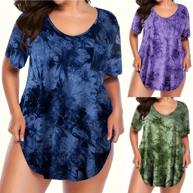 Women's Plus Size Summer Fashion V Tie Pocket Tie Dye Short Sleeved T Shirt