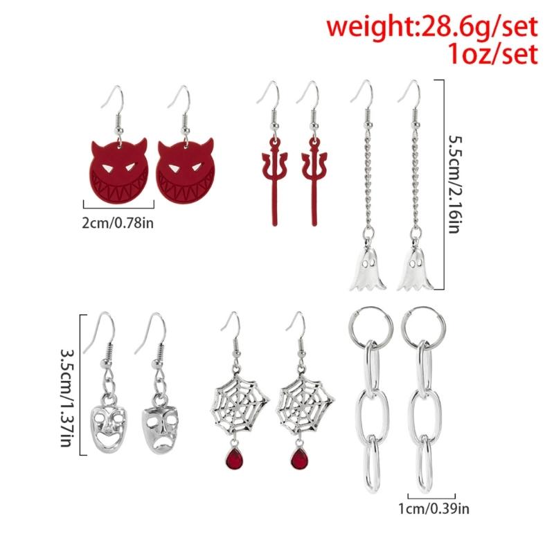 6 Pairs Women Studs Holiday Earrings Halloween Devil Spider Skull Ghost Earrings Cool Dangle Earring Party Jewelry Lover