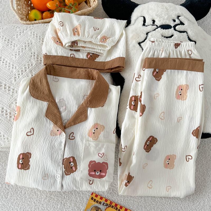 Mengqu Cartoon Bear Wind High Value Cloud Cotton Pajamas Women'S Summer Short-Sleeved Three-Piece Loungewear