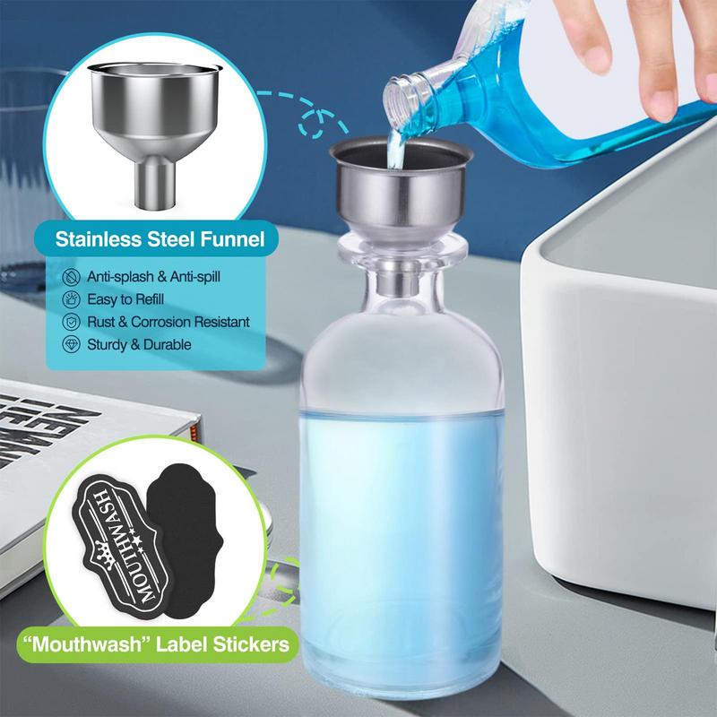 Mouth Wash Dispenser Bottle 12oz/350ml Transparent Mouthwash Bottle Set With Stainless Steel Spout Funnel Labels Cups Countertop