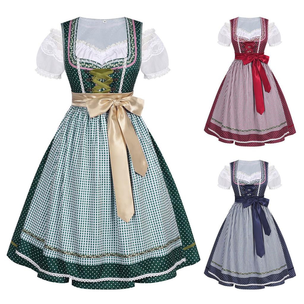 Retro Plaid Bavarian Oktoberfest Dress, Waisted Long Dress Halloween Party Cosplay