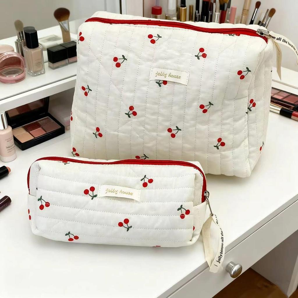 Ladies Cotton Quilted Makeup Bag Large Capacity Cherry Printed Travel Toiletry Storage Bag Cute Women's Cosmetic Bags