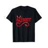 European Sizes Gothic Red Devil Sinner Graphic T-Shirt - Short Sleeve Black Tee with Bold Stylized Font and Curled Devil Tail Design