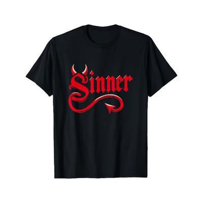 European Sizes Gothic Red Devil Sinner Graphic T-Shirt - Short Sleeve Black Tee with Bold Stylized Font and Curled Devil Tail Design