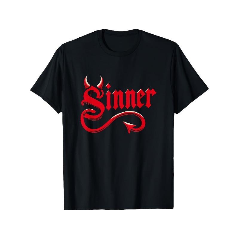 European Sizes Gothic Red Devil Sinner Graphic T-Shirt - Short Sleeve Black Tee with Bold Stylized Font and Curled Devil Tail Design S разноцветный