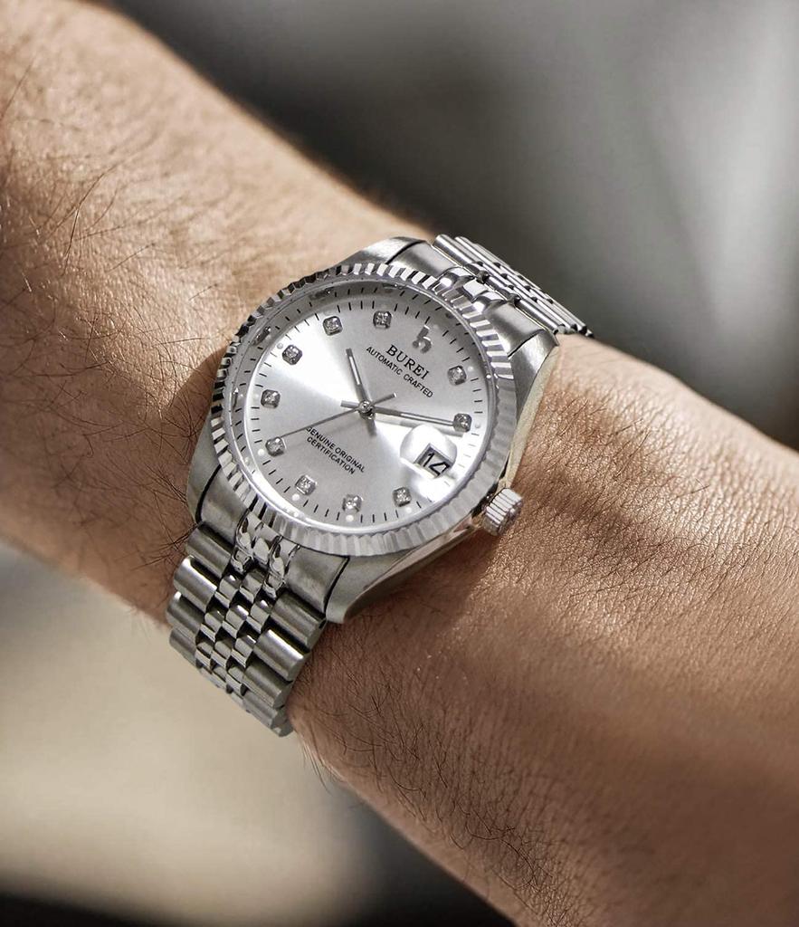 BUREI Automatic Date Mechanical Silver Watch Men's Watch, Waterproof, Analog, Display, Movement, Popular, Stylish, Simple, Casual,