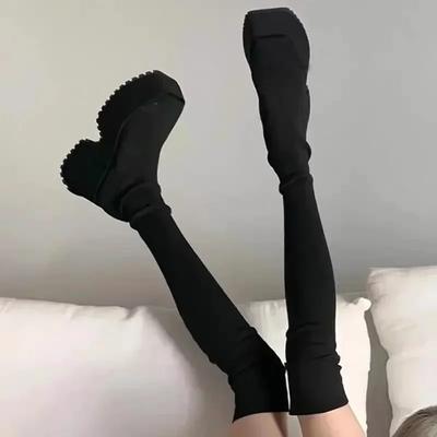 Shoes Female 2024 Hot Sale Platform Women's Boots Over The Knee Boots Women Stretch Slip-on Square Toe Wedge Shoes Women Zapatos