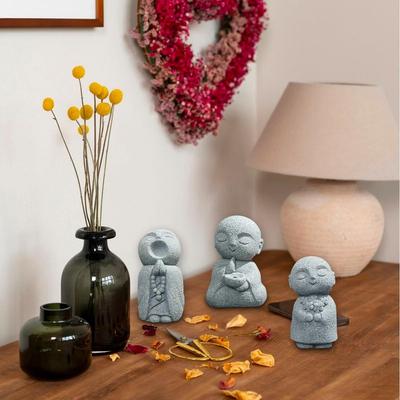 3pcs Japanese Monk Statue Praying Zen Sandstone Mini Baby Buddha Idol Figurine for Wealth Good Luck Bosatsu Feng Shui Home Décor