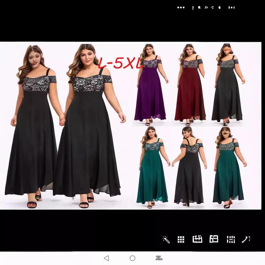 Plus Size Off-the-Shoulder Floral Lace Spaghetti Strap Chiffon Maxi Dress