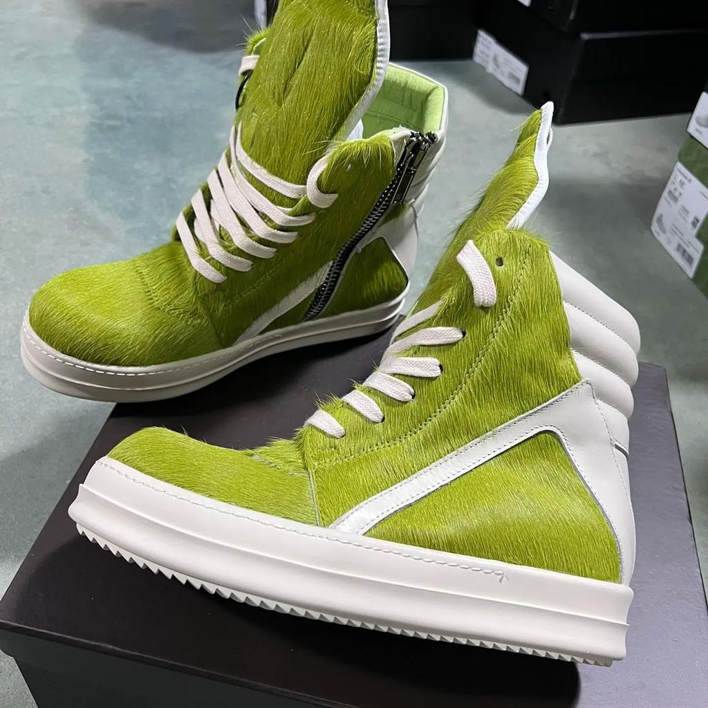 Minimalistische Qualität Grasgrün Rosshaar Echtleder Lässige Herren Pelzschuhe Damen High Top Pelzige Sneakers Ballerinas Stiefeletten