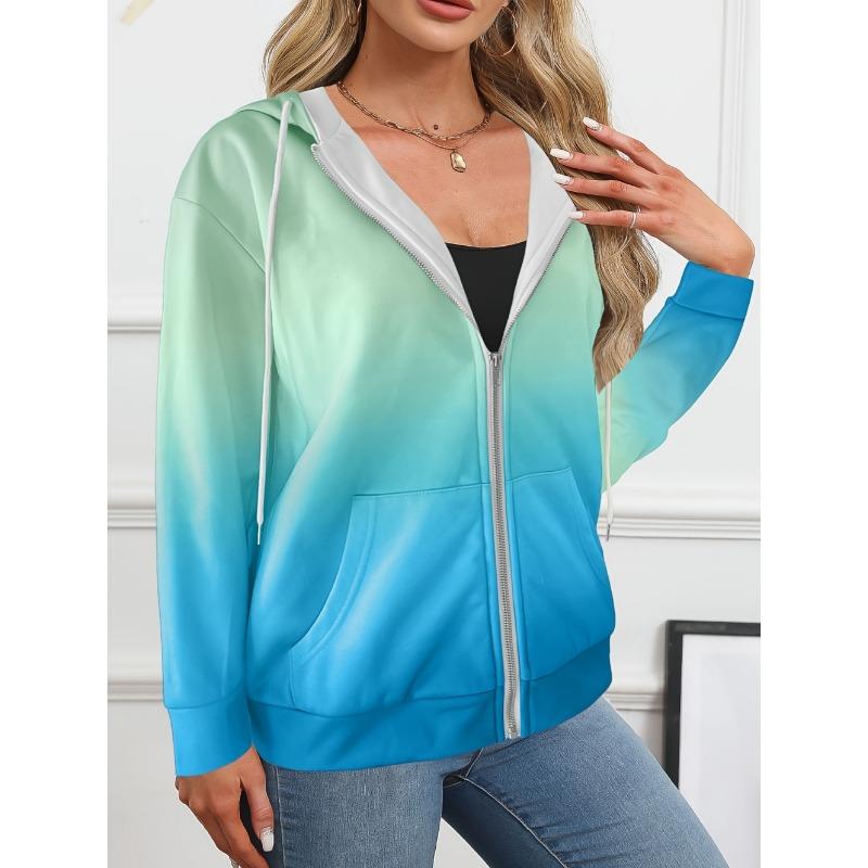 Woman Sweatshirts Simple Gradient Print Long Sleeves Zip Hoodie Autumn Casual Drawstring Design Fashion Women's Hoodie