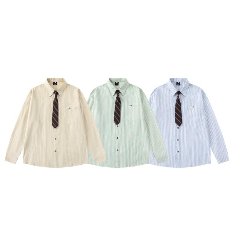 American Retro Preppy Striped Shirt With Fun Flower Patch Long Sleeve Loose Fit Couples