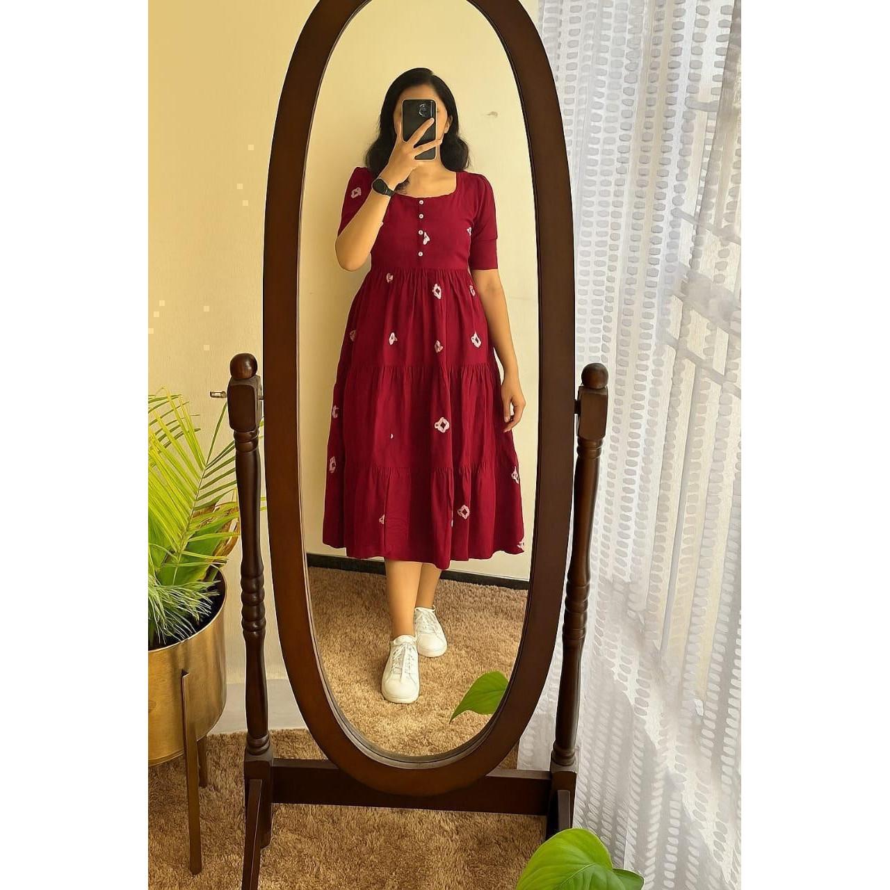 Red Bandhni Printed Midi Kurta Set Indian Bollywood Party Wear Top Gown Dress M-38