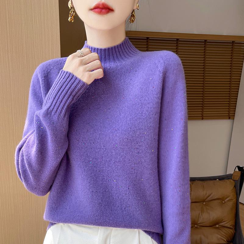 2024 Autumn/Winter High Neck Beaded Wool Sweater - Long Sleeve, Loose Fit