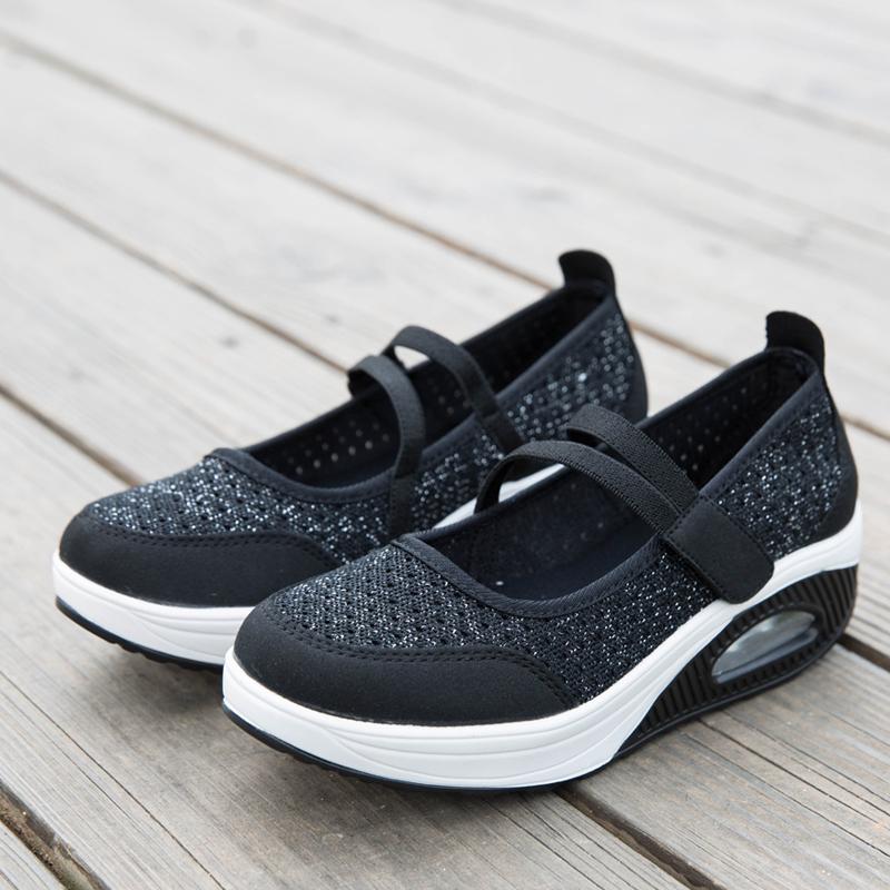 Women's Breathable Nurse Shoes Air Cushion Mesh Wedge Walking Shoes Hook & Loop Non-slip Lightweight Casual Footwear Thick Soled
