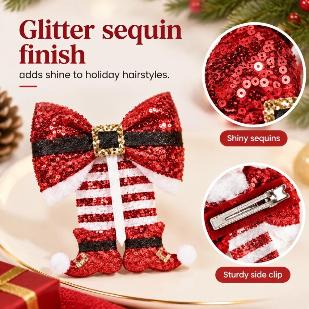 Sequin Christmas Bow Hair Clip Red Bow Side Clip Barrette Christmas Boot Hair Clip Women Girls