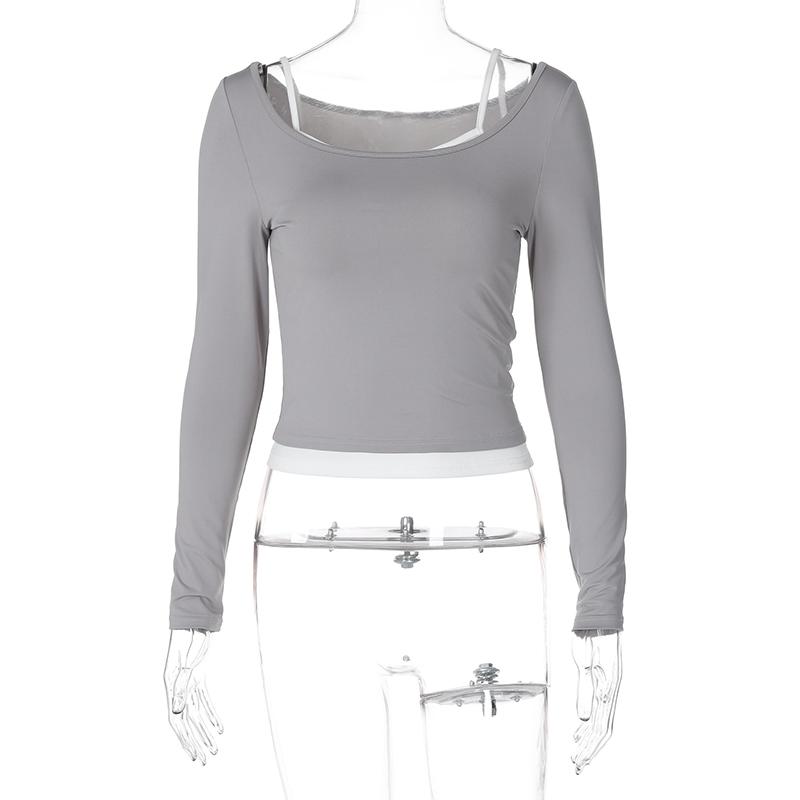 Summer Fashion Contrast T-shirt 2 Piece-Set Women's Off-Shoulder Long Sleeve Patchwork Cropped Top Female Commute Tee Top