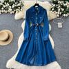 High-end niche retro lapel long-sleeved denim dress women's autumn strap waist single-breasted pleated dress