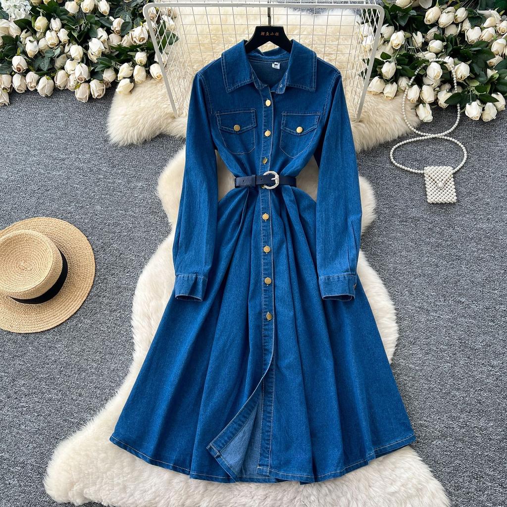 High-end niche retro lapel long-sleeved denim dress women's autumn strap waist single-breasted pleated dress