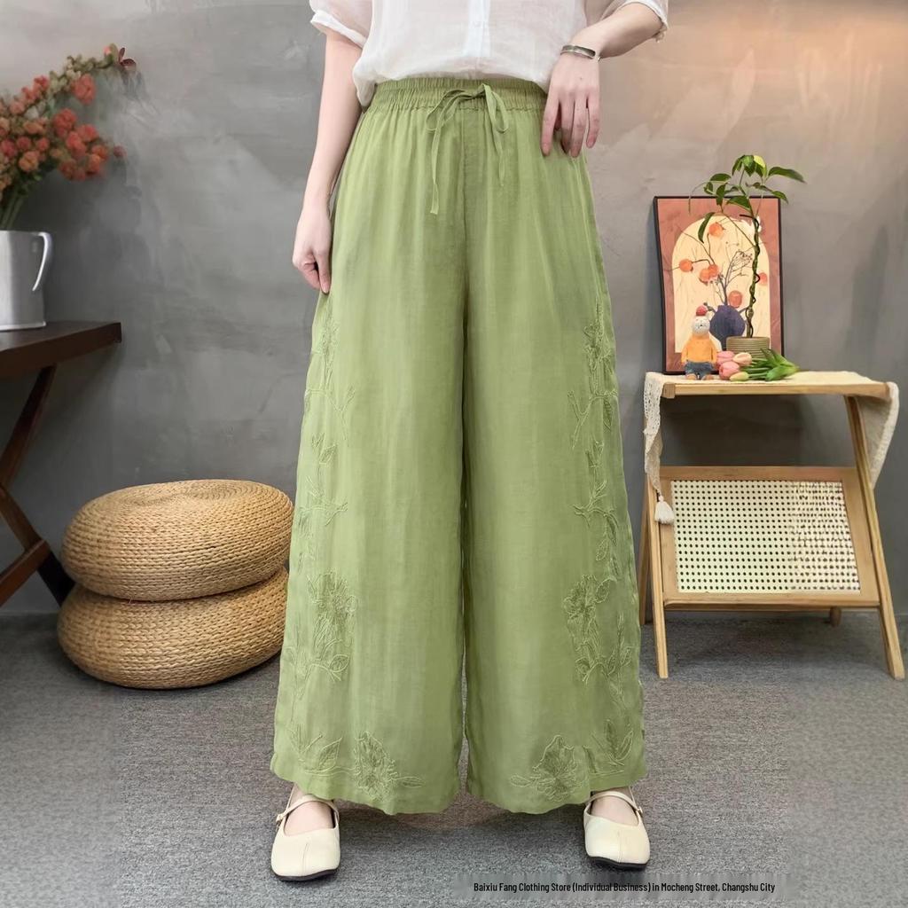 2026 Summer Linen Wide-Leg Pants with Artistic Embroidery and Elastic Waist for Women