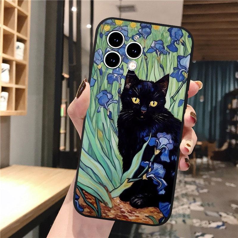 Phone Case Carcasa Funda For iPhone 17 Pro Max 17 Air 16 15 14 13 Pro Max 15 16 Pro 15Plus Art Black Cat Wave Van Gogh