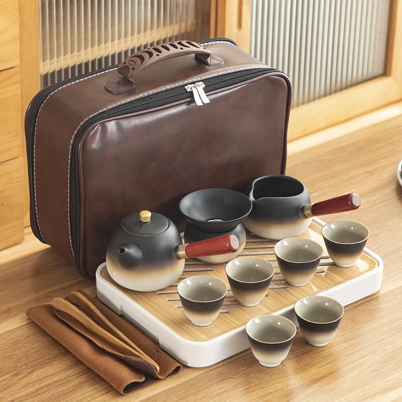 Black pottery Kung Fu tea set, cheap ceramic side handle pot with tea tray, portable complete set of business gifts