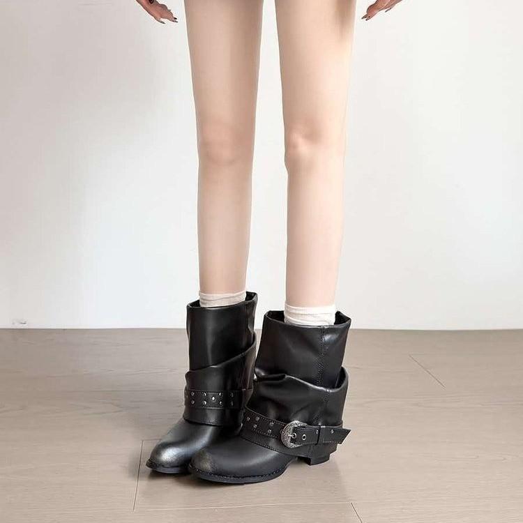Western Buckle Boots Retro Belt Short Boots Women's Thick Heel Skinny Short Pile Pants Tube Autumn Versatile Folds