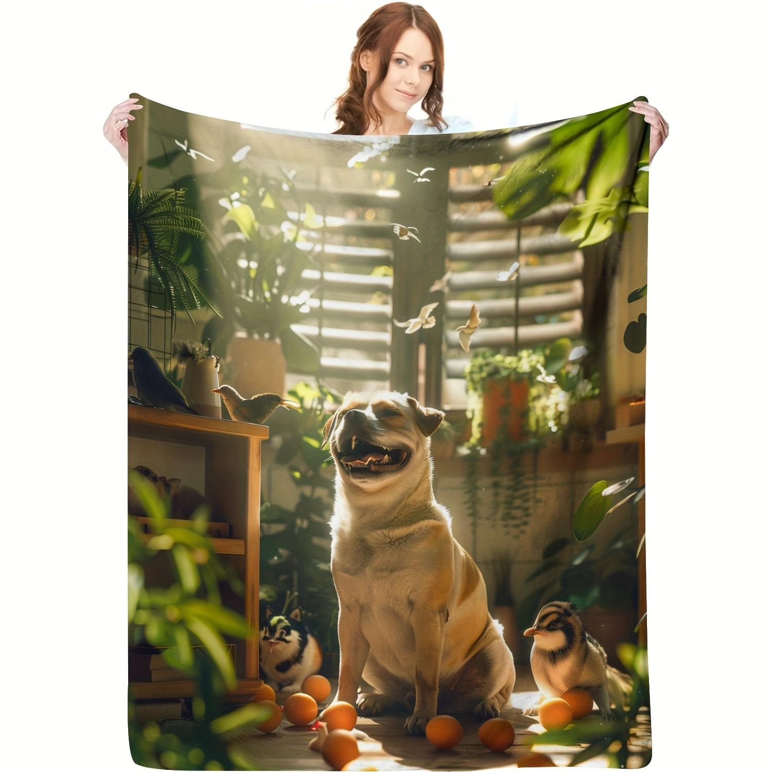 

Lodge Style Knitted Polyester Blanket with Animal Theme, Soft Flannel Fleece Throw Featuring Dogs and Nature Pattern, All-Season 75x90cm28x35in