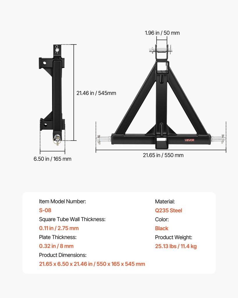 3 Point Trailer Hitch with 50.8 mm Receiver, 3 Pt Quick Hitch Attachment, Tractor Tow Drawbar Adapter, Compatible with Category 1, Kubota, Mahindra,