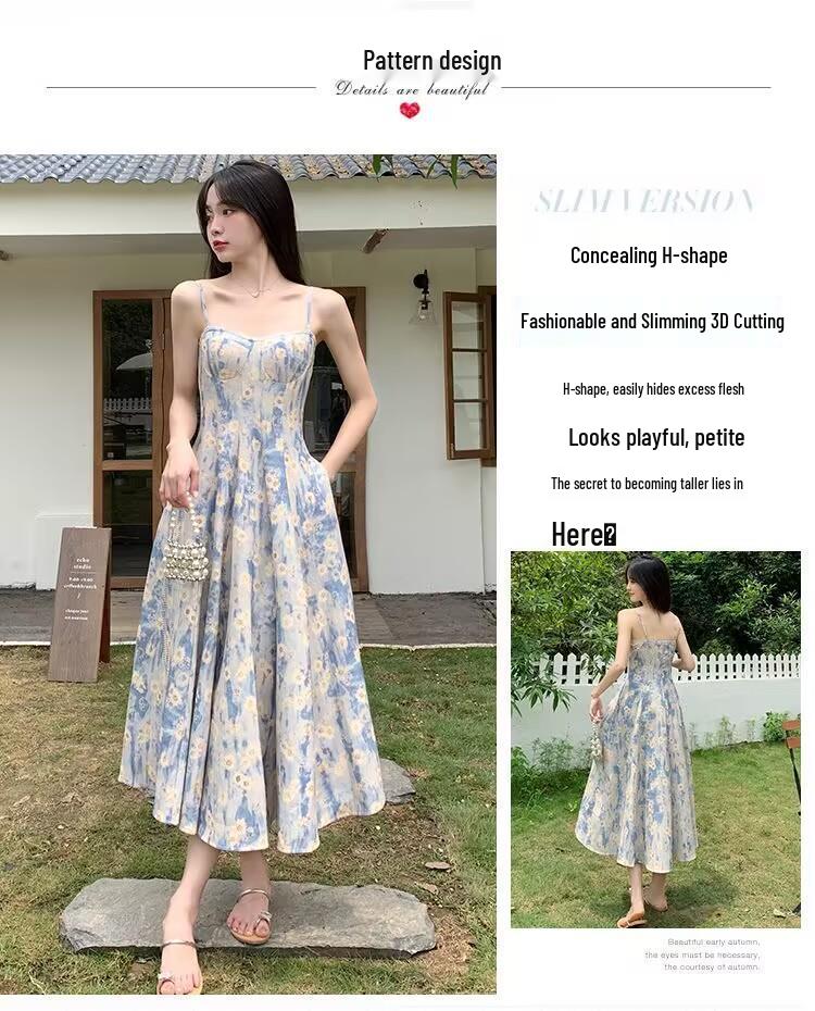 Damklänning 2025 Fransk Blå Blommig Spagettistropp Maxi - Sommar Midjesmalnande High-End Stil