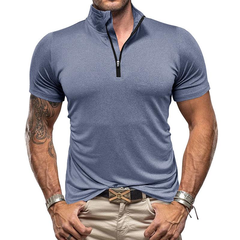 T-shirt sportiva da uomo Maniche corte ad asciugatura rapida Camicie solide Colletto alla coreana Pullover con cerniera Primavera Estate Abbigliamento fitness Camicie ad alta elasticità